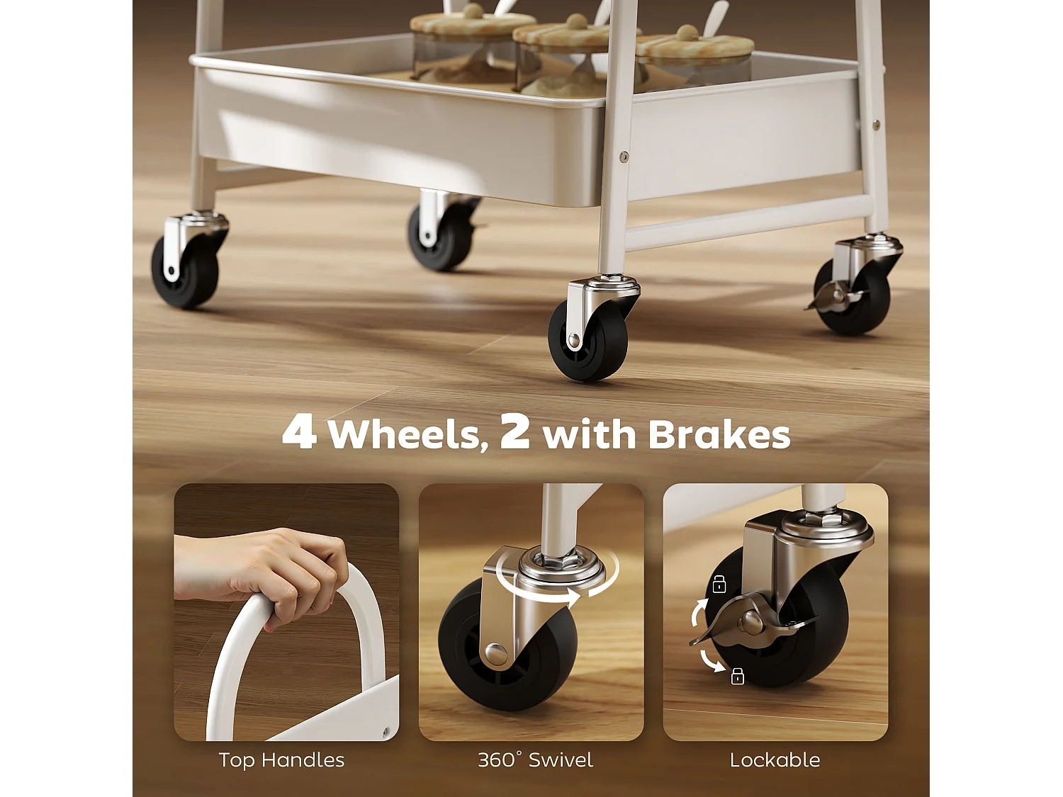 Satoro 3 Tier Rolling Trolley White Metal Frame Oak Effect Top