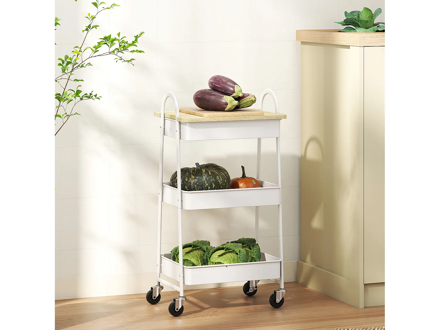 Satoro 3 Tier Rolling Trolley White Metal Frame Oak Effect Top