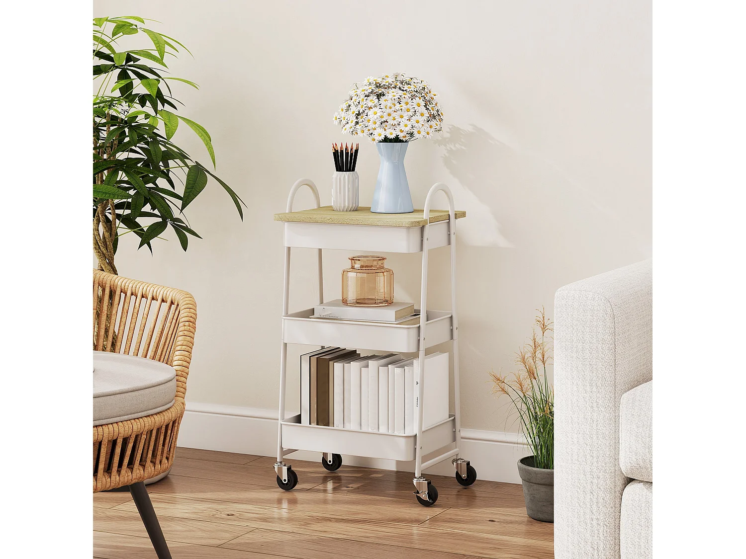 Satoro 3 Tier Rolling Trolley White Metal Frame Oak Effect Top