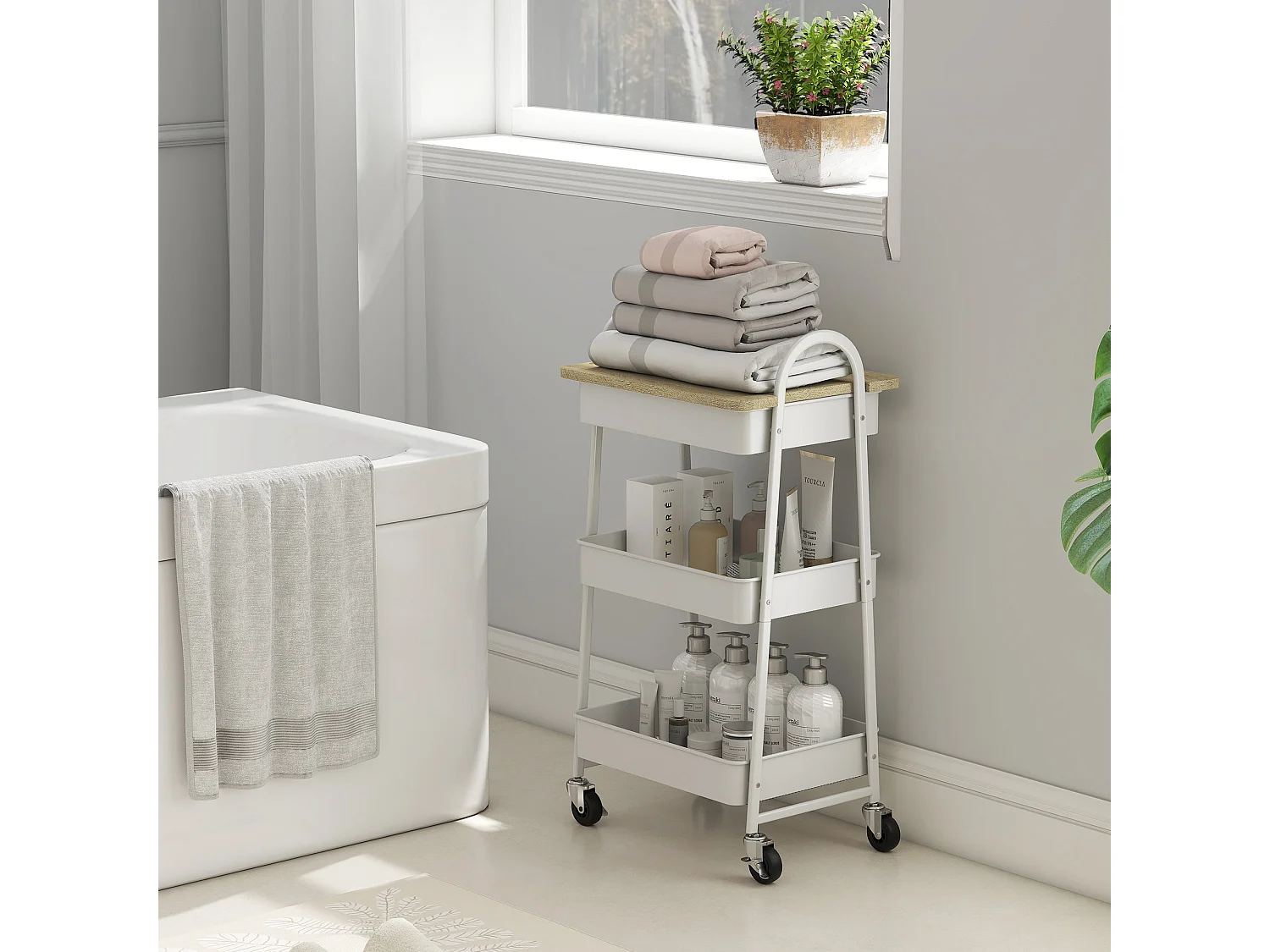 Satoro 3 Tier Rolling Trolley White Metal Frame Oak Effect Top