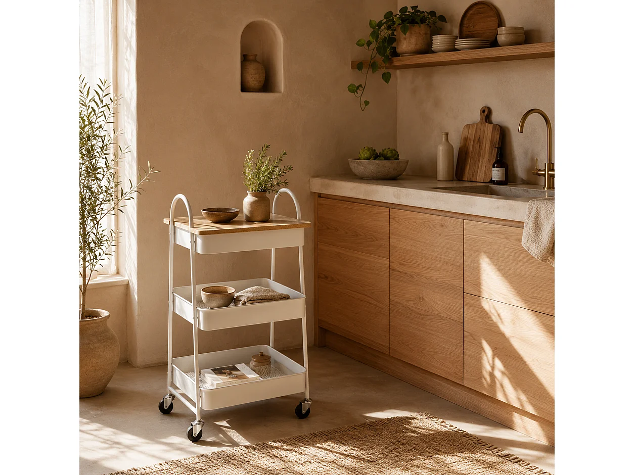 Satoro 3 Tier Rolling Trolley White Metal Frame Oak Effect Top