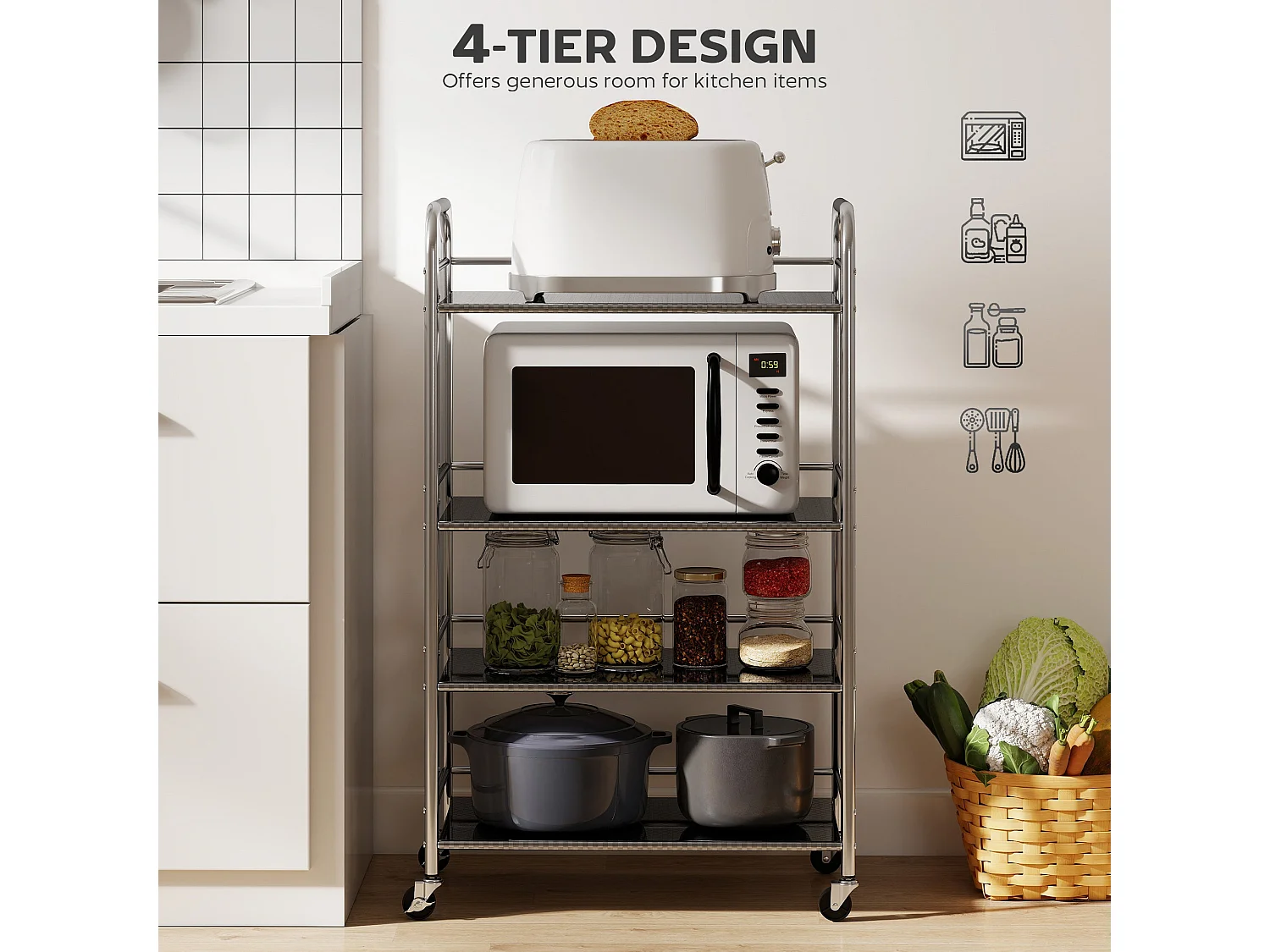 Lalu 4 Tier Stainless Steel Kitchen Trolley Silver Adjustable Shelves