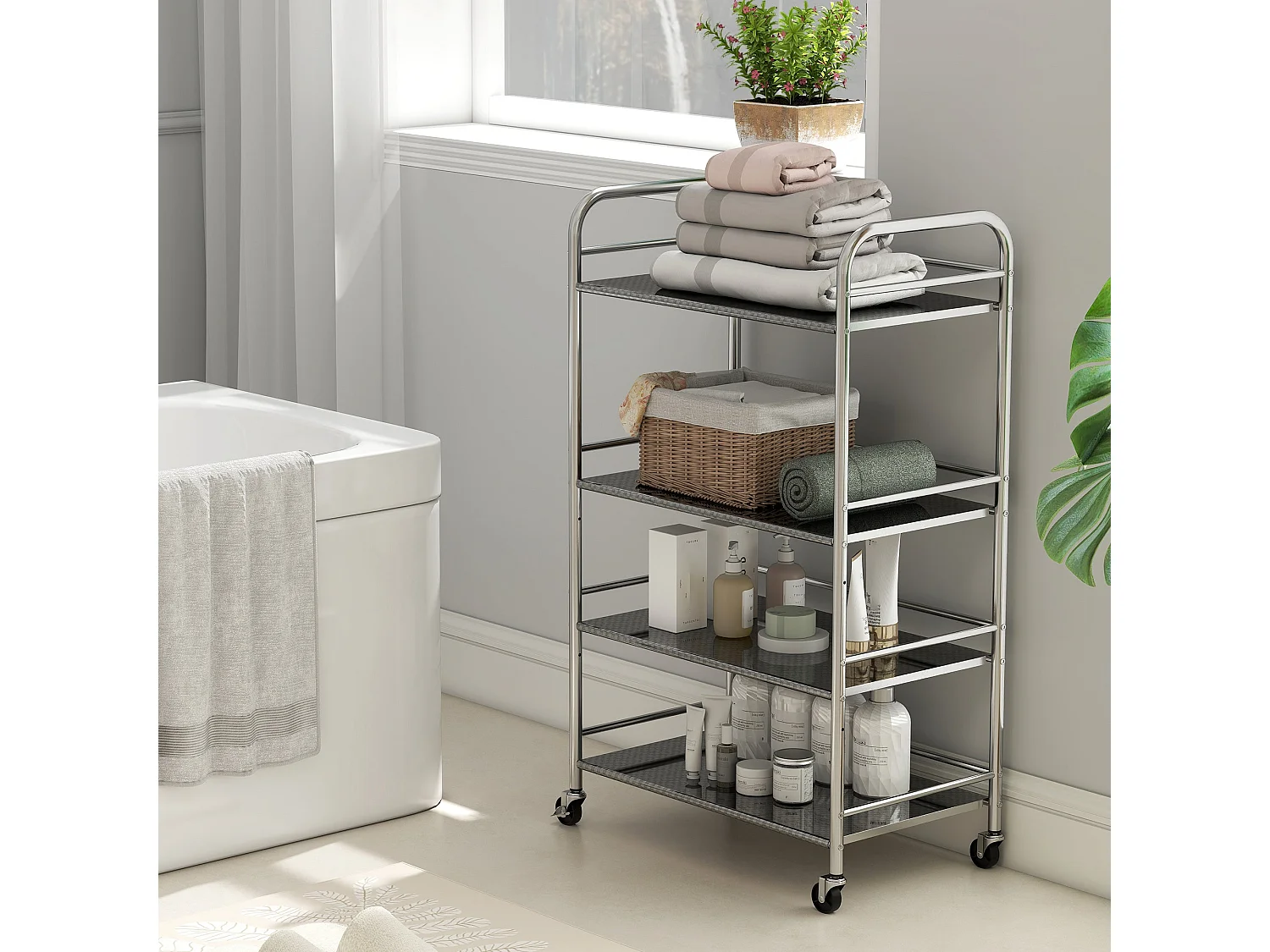 Lalu 4 Tier Stainless Steel Kitchen Trolley Silver Adjustable Shelves