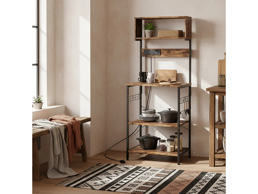 Raco Kale Rustic Brown Bakers Rack with Power Outlets USB Charging and Adjustable Shelves