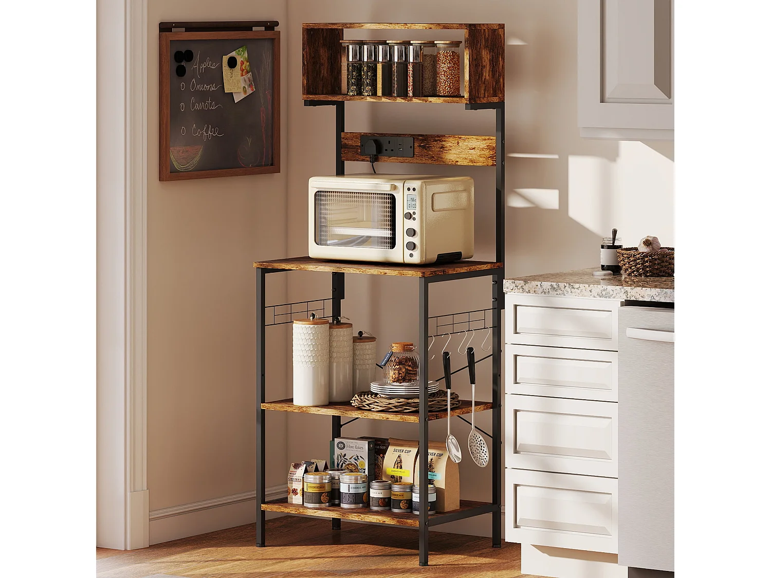 Raco Kale Rustic Brown Bakers Rack with Power Outlets USB Charging and Adjustable Shelves