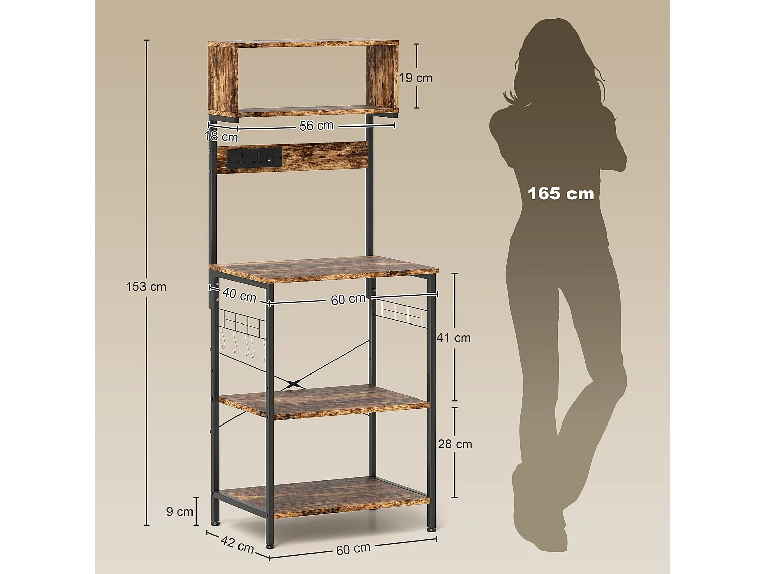 Raco Kale Rustic Brown Bakers Rack with Power Outlets USB Charging and Adjustable Shelves