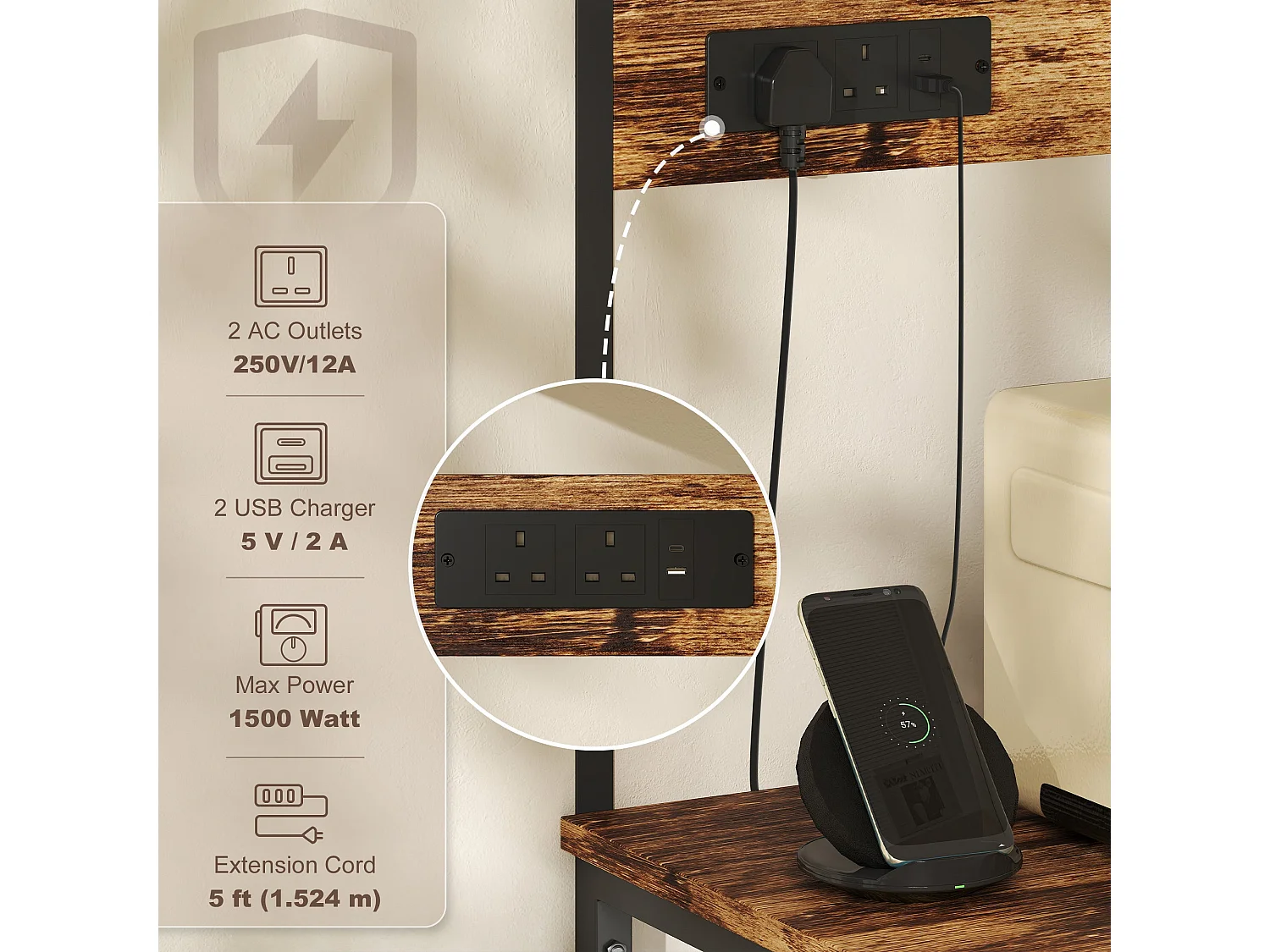 Raco Kale Rustic Brown Bakers Rack with Power Outlets USB Charging and Adjustable Shelves