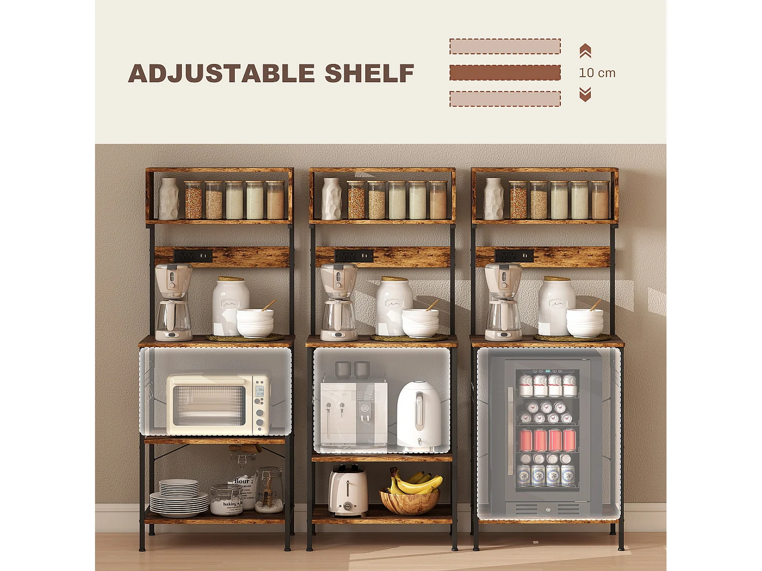 Raco Kale Rustic Brown Bakers Rack with Power Outlets USB Charging and Adjustable Shelves