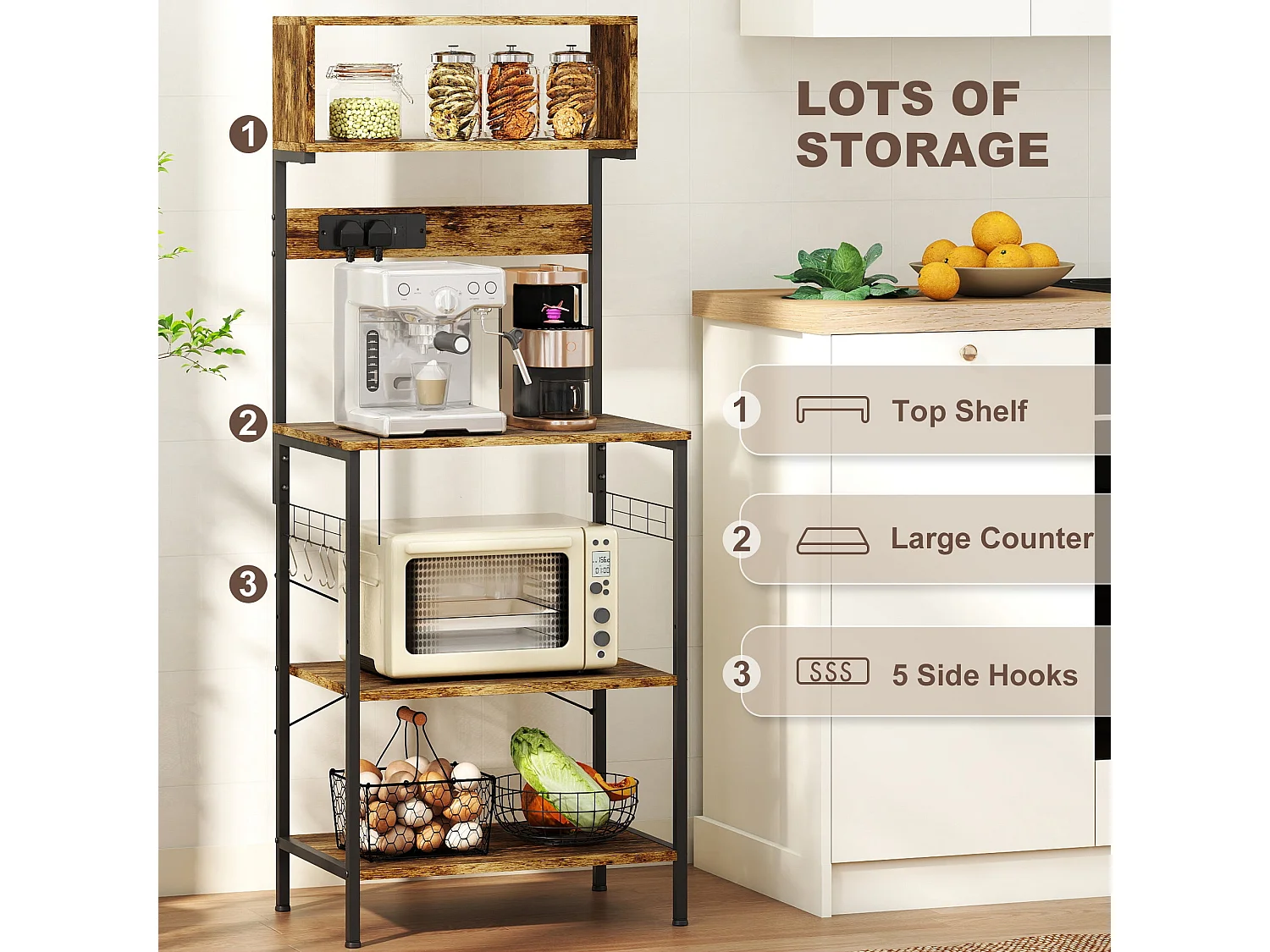 Raco Kale Rustic Brown Bakers Rack with Power Outlets USB Charging and Adjustable Shelves