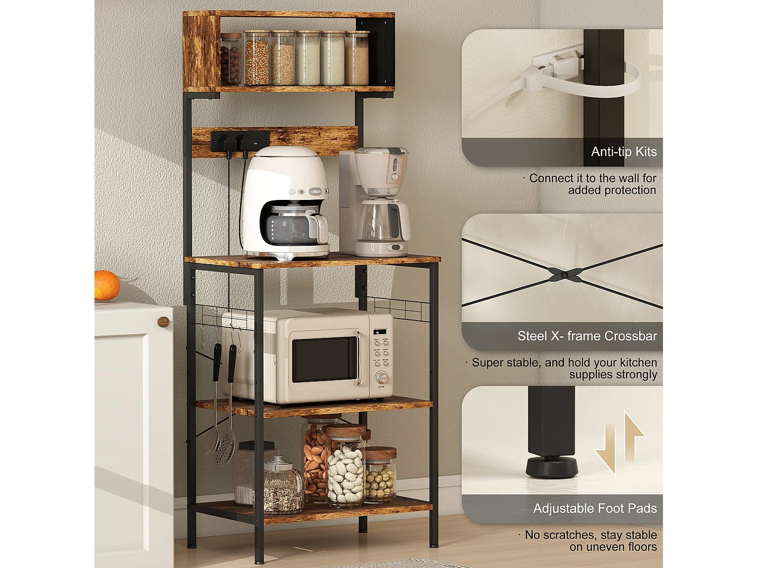 Raco Kale Rustic Brown Bakers Rack with Power Outlets USB Charging and Adjustable Shelves
