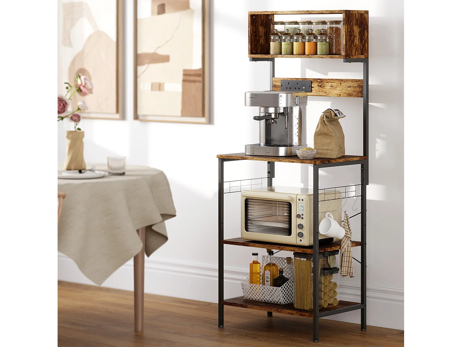 Raco Kale Rustic Brown Bakers Rack with Power Outlets USB Charging and Adjustable Shelves