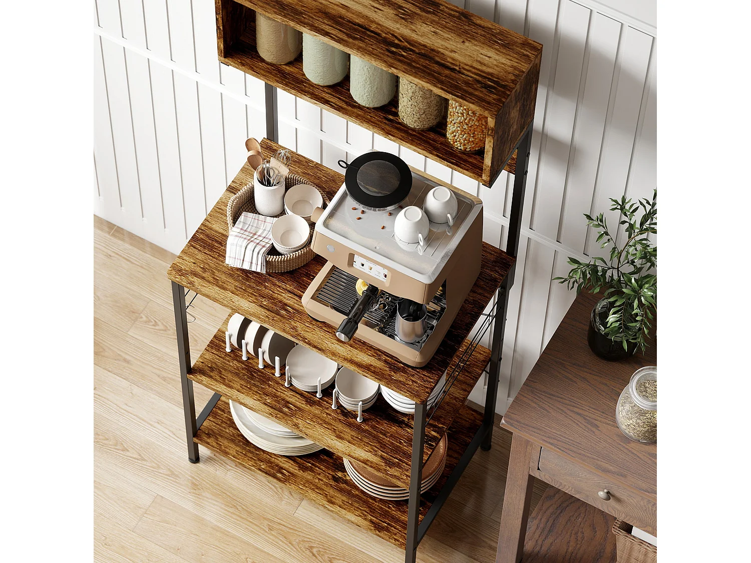 Raco Kale Rustic Brown Bakers Rack with Power Outlets USB Charging and Adjustable Shelves