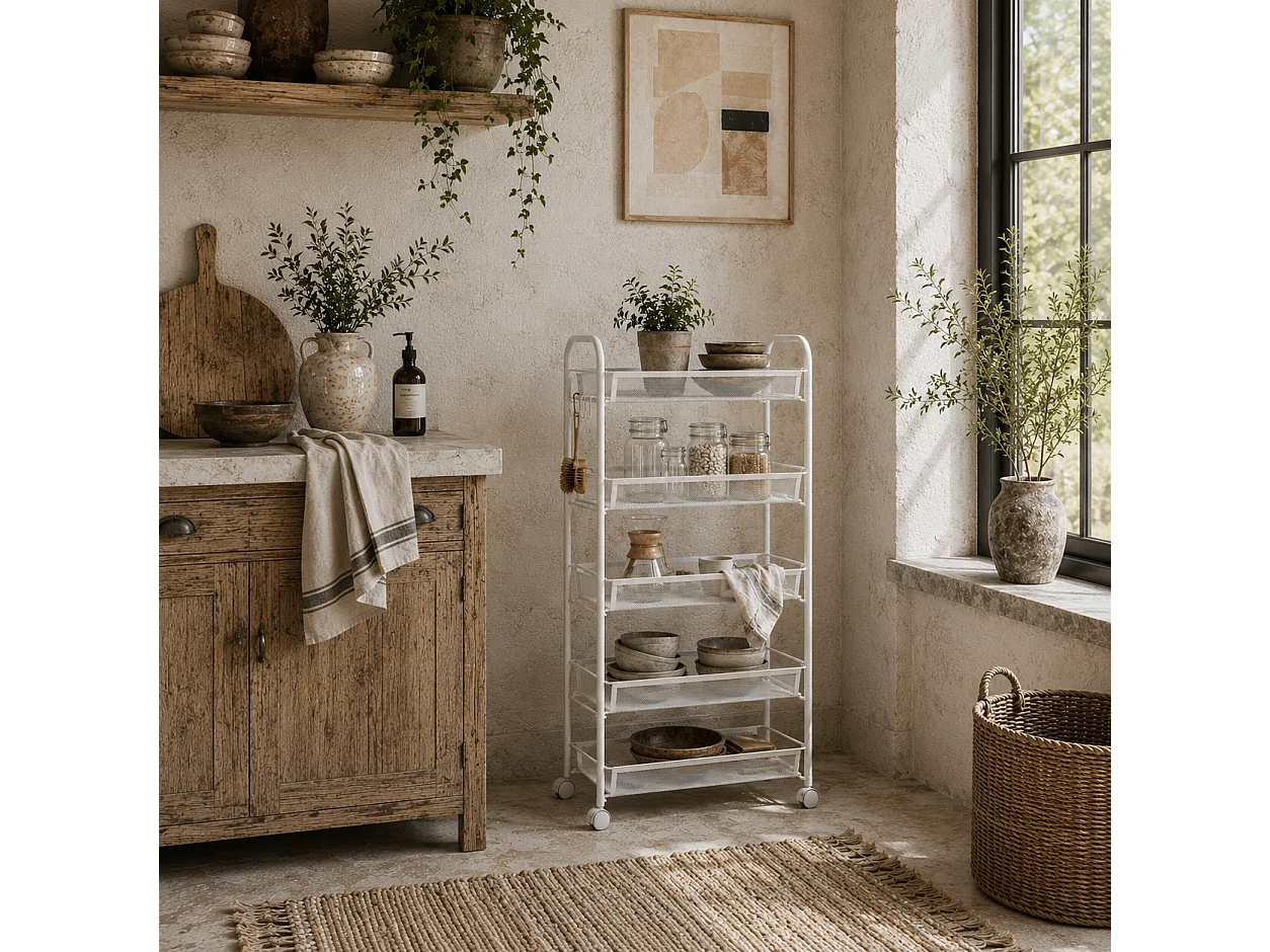 Visovi 5 Basket Metal Storage Trolley with Wheels White
