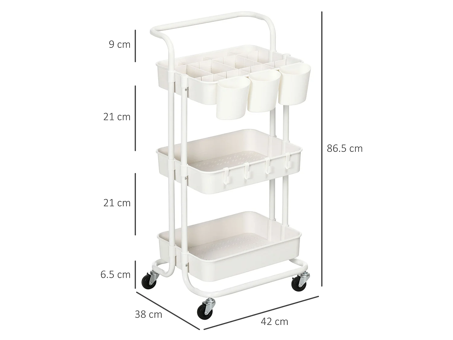 Molole Seba 3 Tier White Metal Trolley with Handle and Wheels