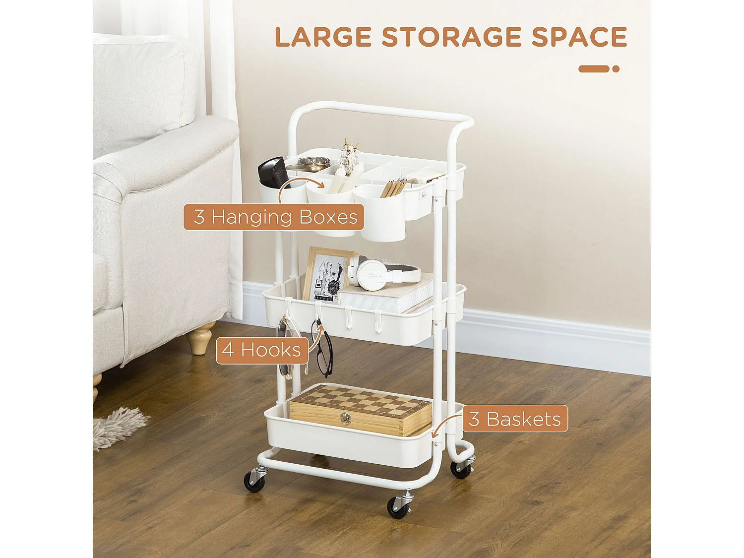 Molole Seba 3 Tier White Metal Trolley with Handle and Wheels