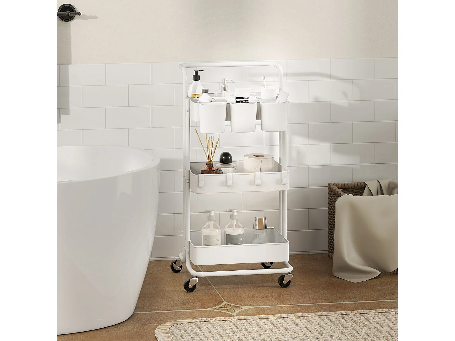 Molole Seba 3 Tier White Metal Trolley with Handle and Wheels