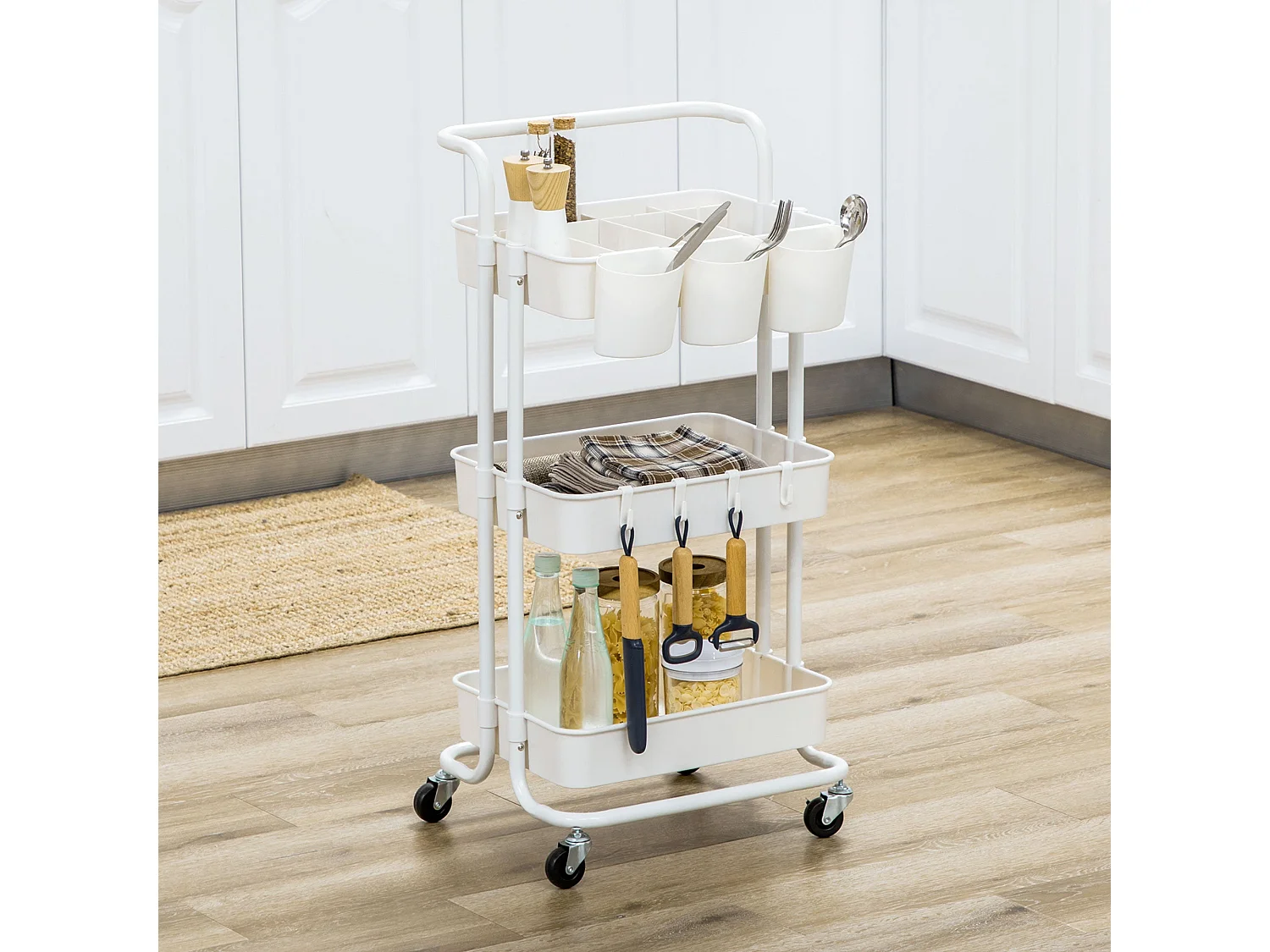 Molole Seba 3 Tier White Metal Trolley with Handle and Wheels