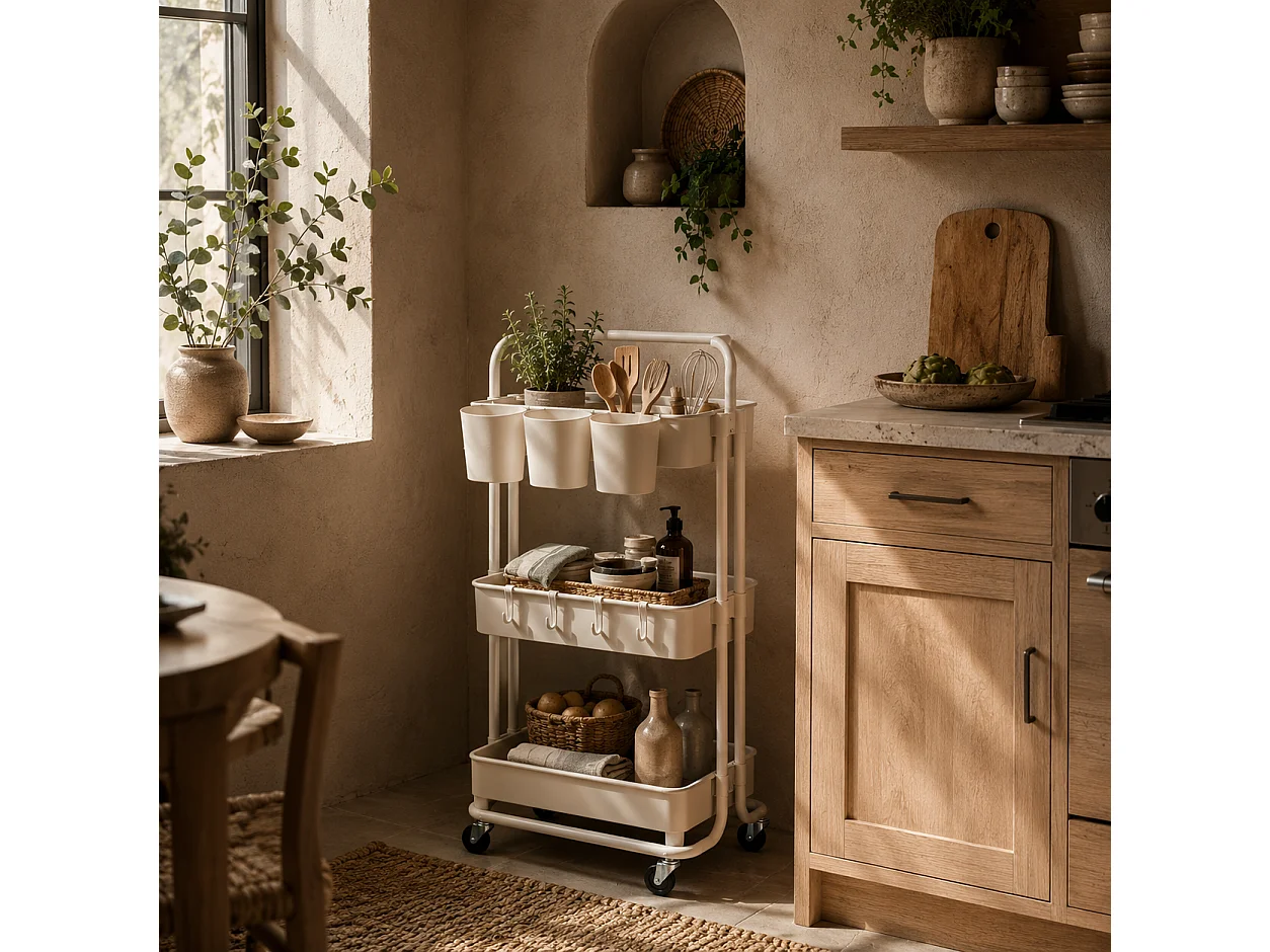 Molole Seba 3 Tier White Metal Trolley with Handle and Wheels