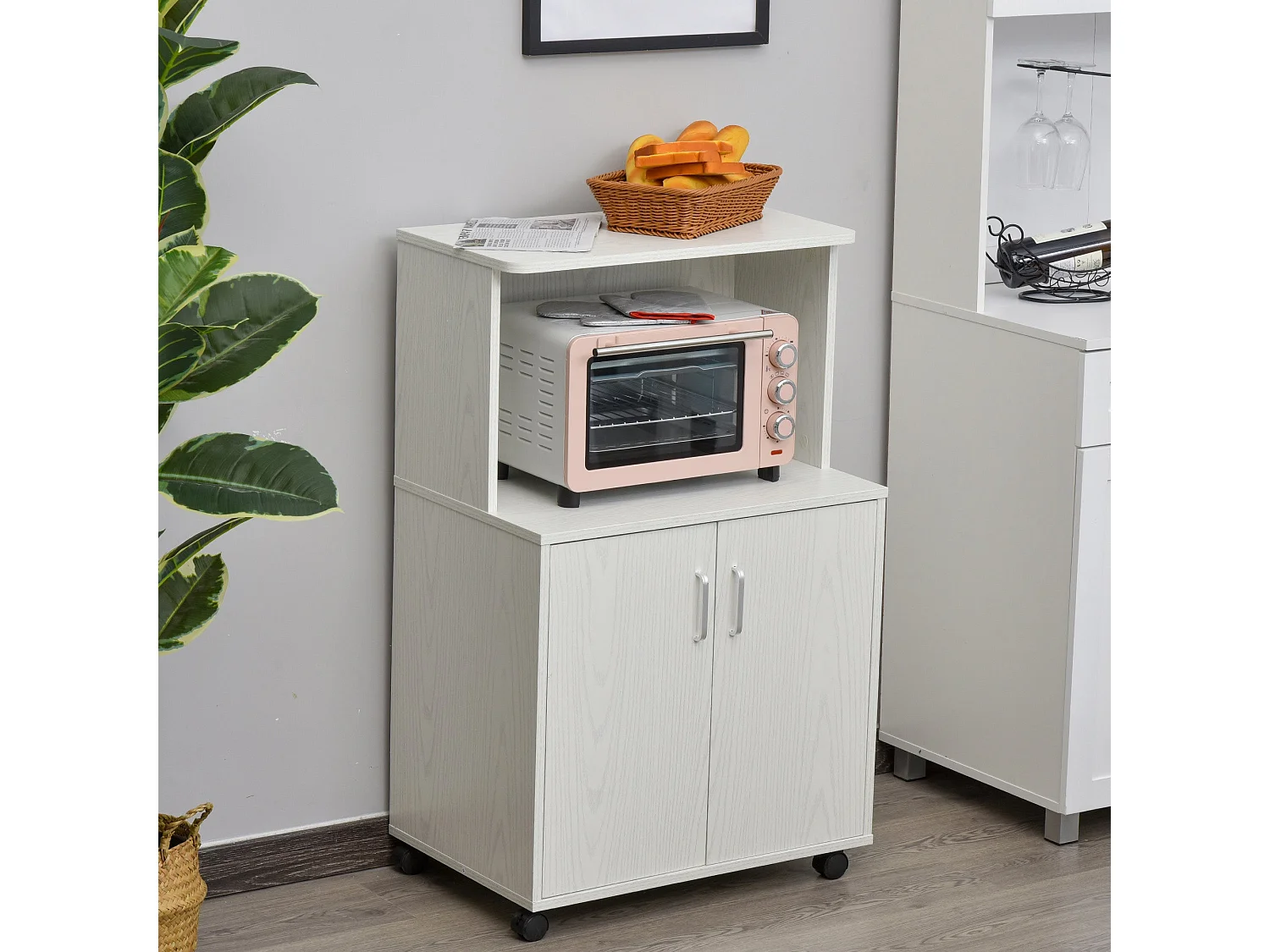 Fari Move White Microwave Stand with Storage Cabinet and Locking Wheels