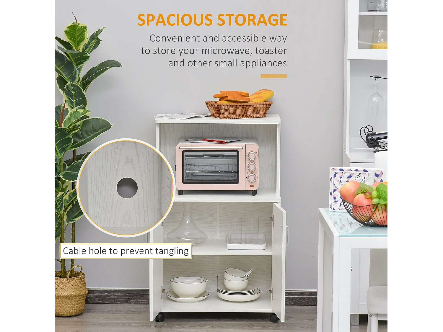 Fari Move White Microwave Stand with Storage Cabinet and Locking Wheels