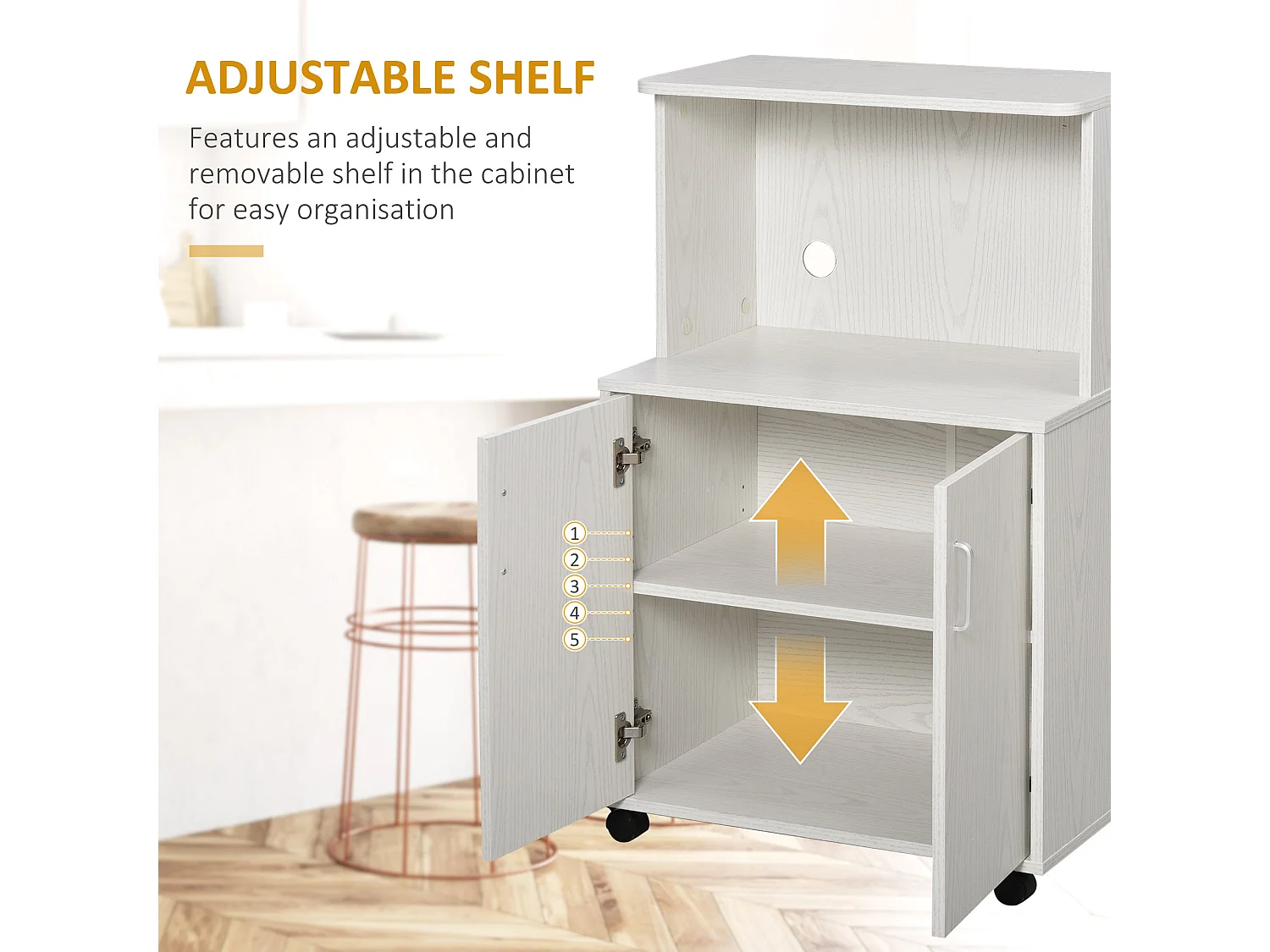 Fari Move White Microwave Stand with Storage Cabinet and Locking Wheels