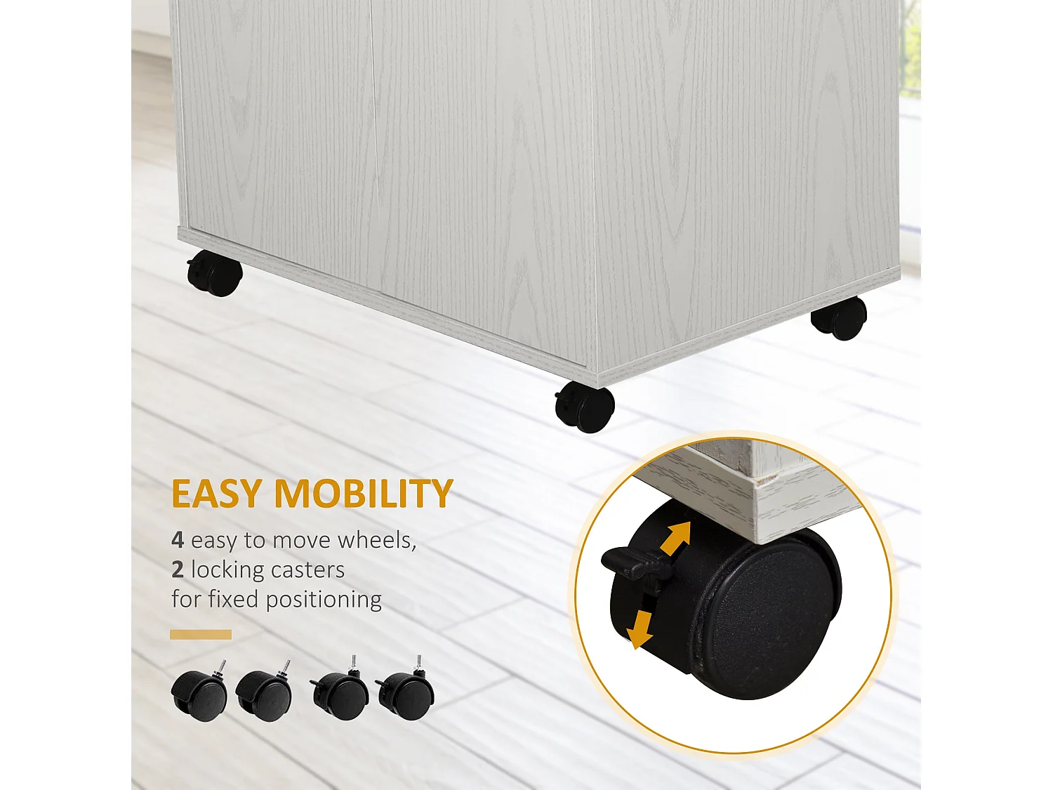 Fari Move White Microwave Stand with Storage Cabinet and Locking Wheels