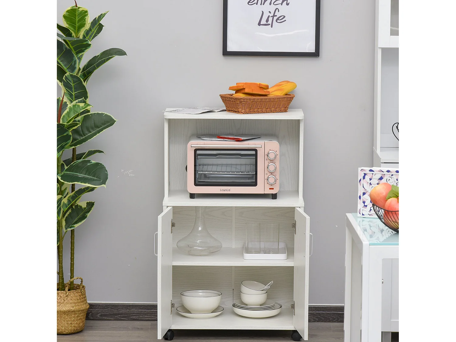 Fari Move White Microwave Stand with Storage Cabinet and Locking Wheels