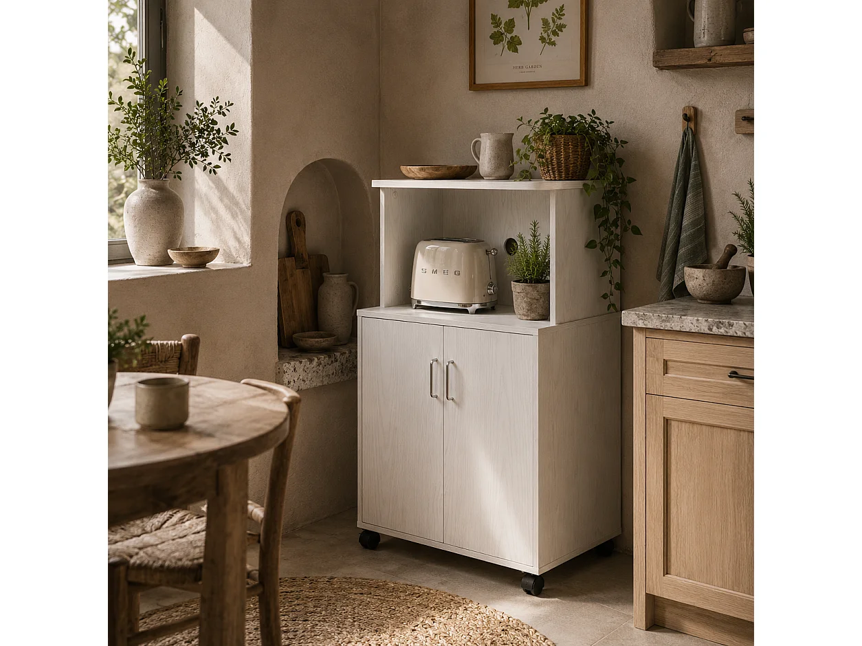 Fari Move White Microwave Stand with Storage Cabinet and Locking Wheels