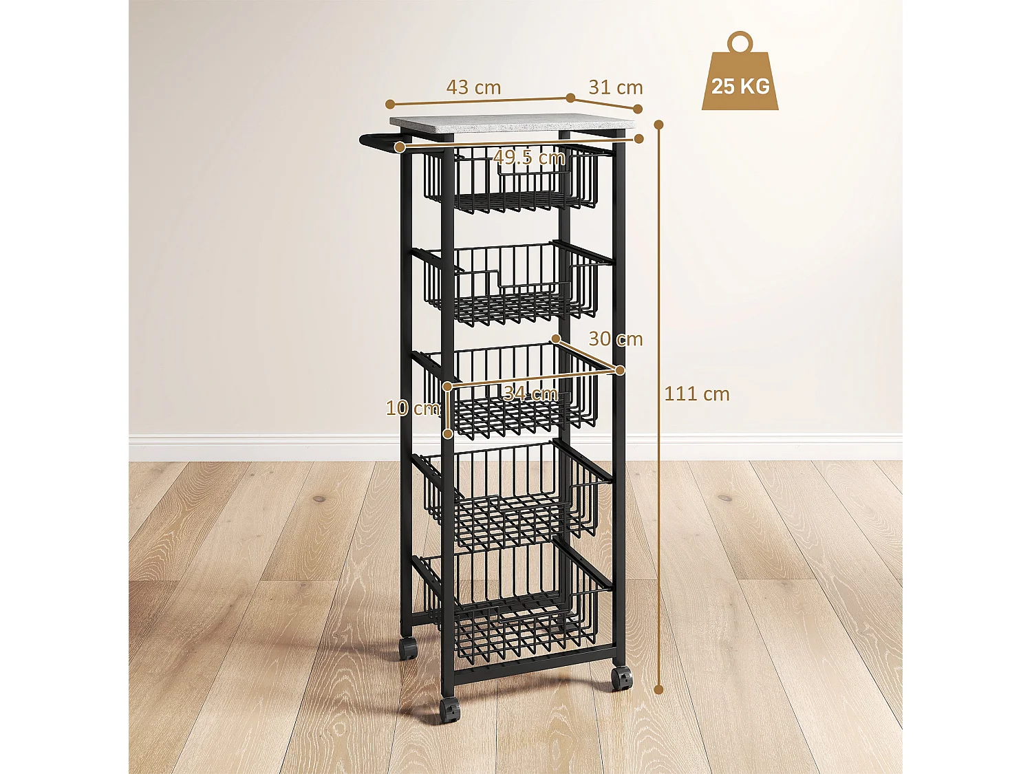 Sucora 5 Basket Mobile Kitchen Trolley Light Grey Black Marble Effect Top