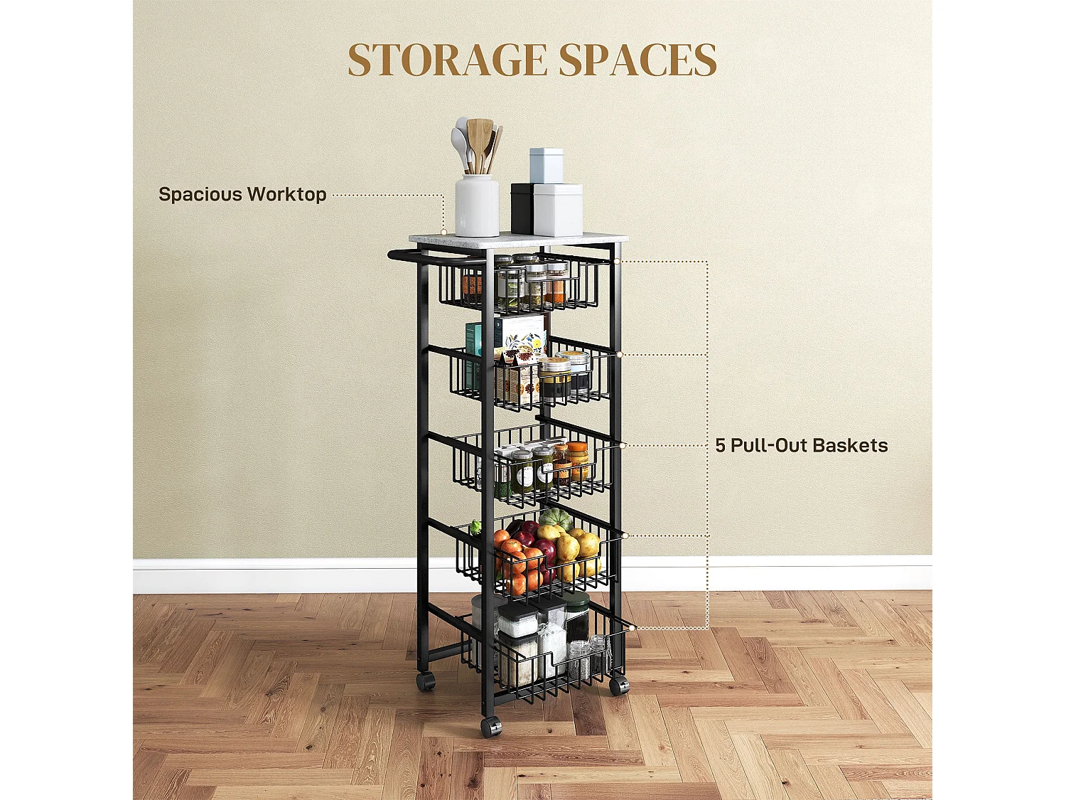 Sucora 5 Basket Mobile Kitchen Trolley Light Grey Black Marble Effect Top