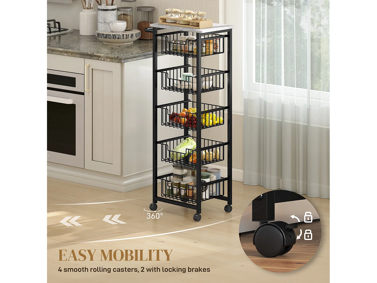 Sucora 5 Basket Mobile Kitchen Trolley Light Grey Black Marble Effect Top