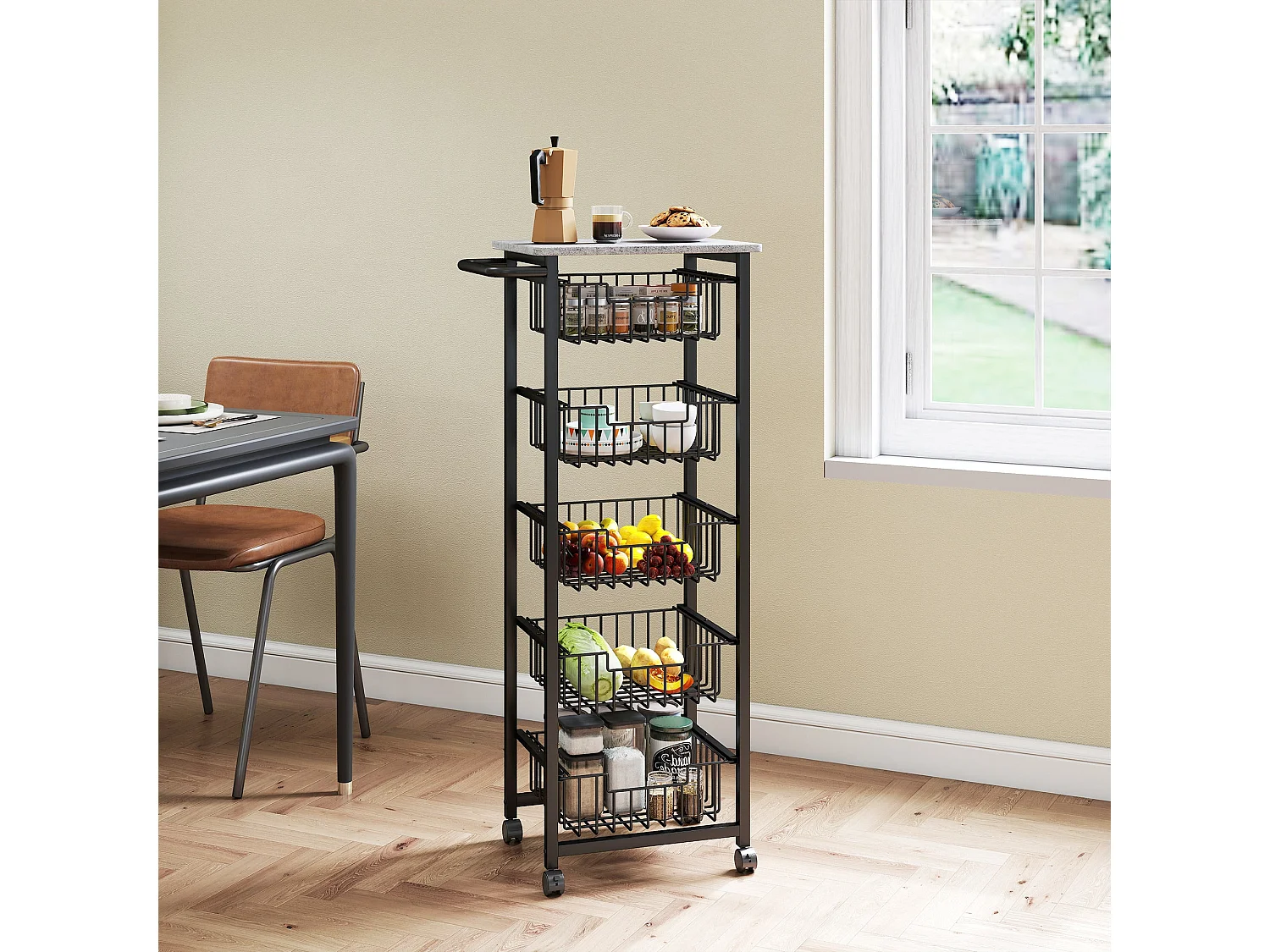 Sucora 5 Basket Mobile Kitchen Trolley Light Grey Black Marble Effect Top