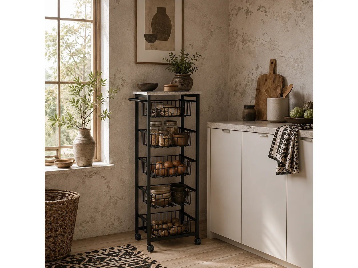 Sucora 5 Basket Mobile Kitchen Trolley Light Grey Black Marble Effect Top
