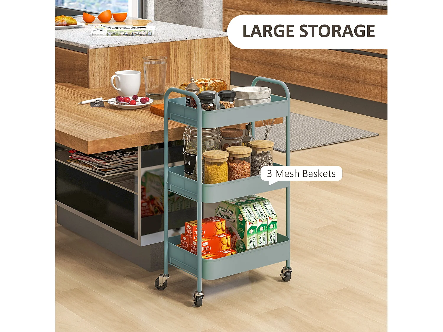 Ravito Fari Light Blue 3 Tier Steel Storage Trolley