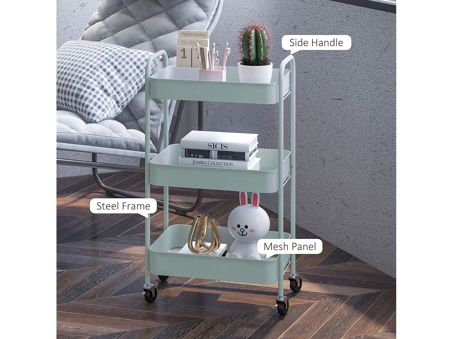 Ravito Fari Light Blue 3 Tier Steel Storage Trolley