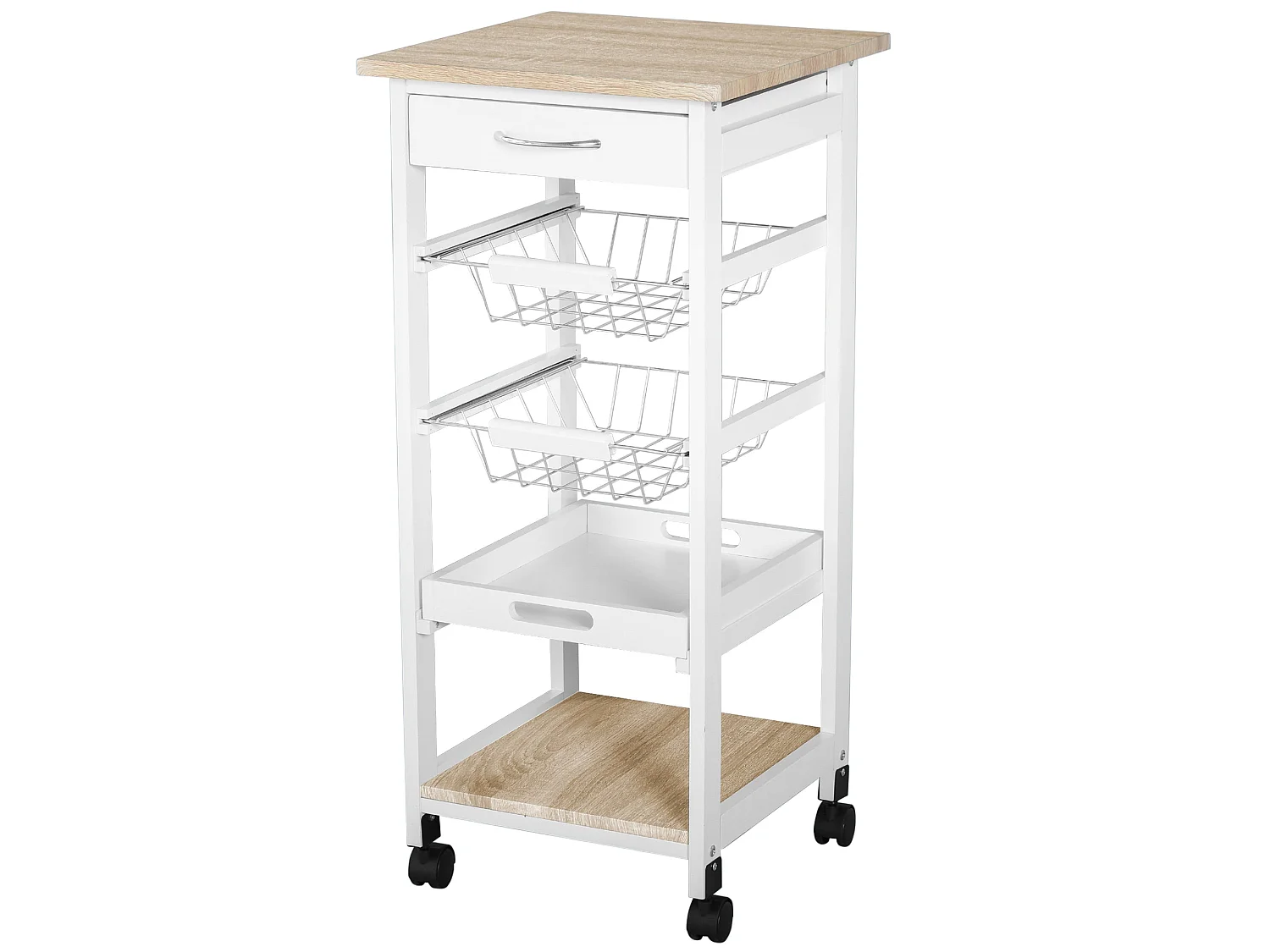 Dini Mobile Kitchen Trolley White and Natural Wood MDF and Pine Baskets Shelves Wheels