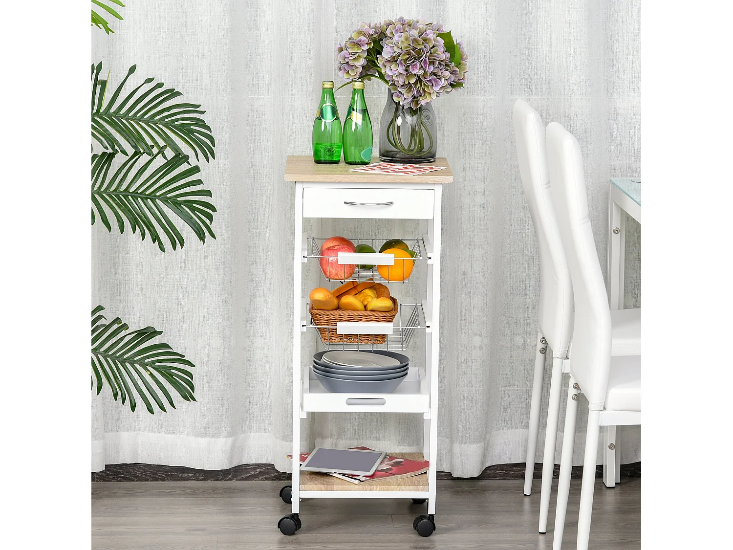 Dini Mobile Kitchen Trolley White and Natural Wood MDF and Pine Baskets Shelves Wheels