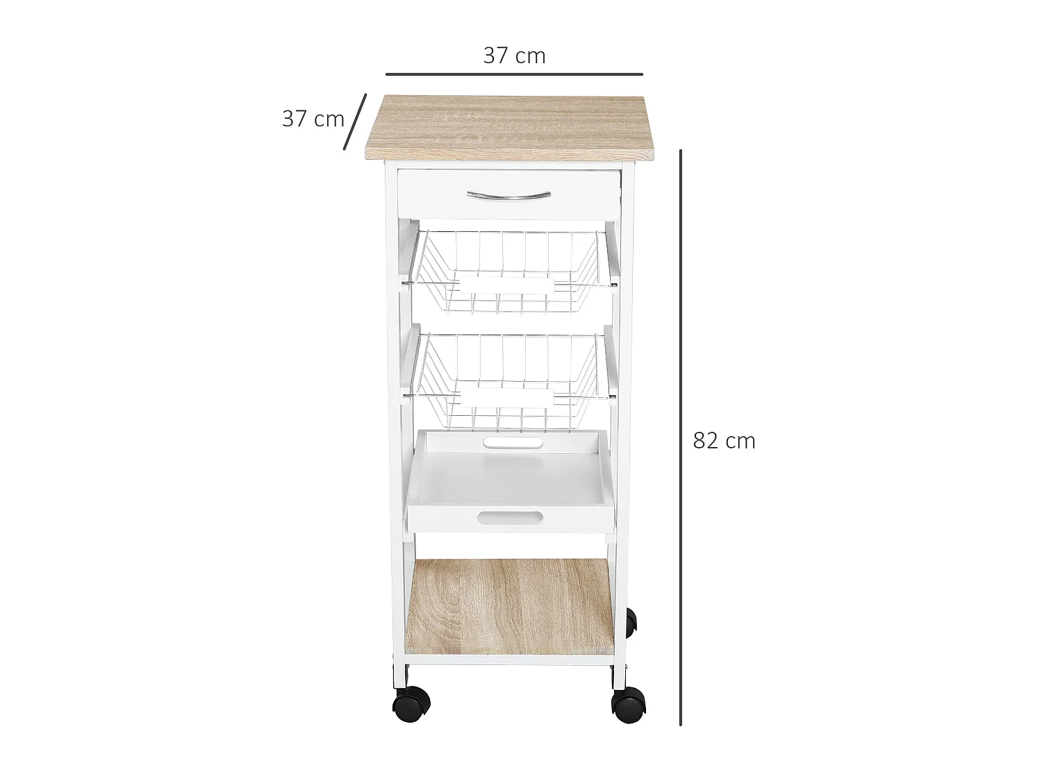 Dini Mobile Kitchen Trolley White and Natural Wood MDF and Pine Baskets Shelves Wheels