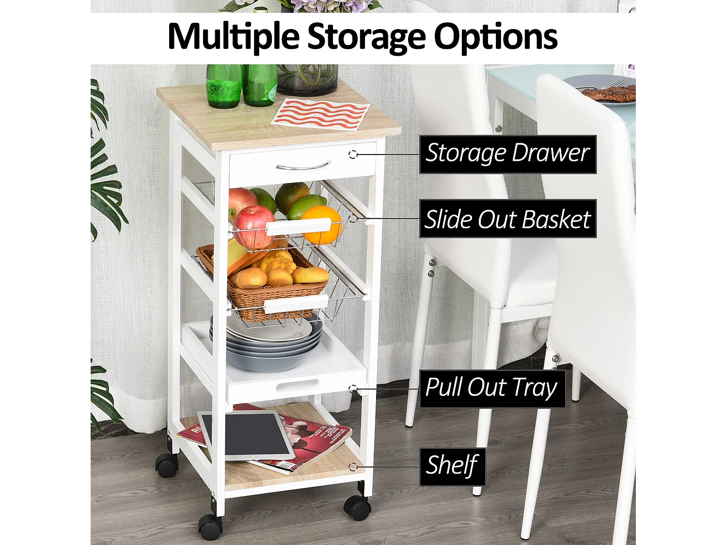 Dini Mobile Kitchen Trolley White and Natural Wood MDF and Pine Baskets Shelves Wheels