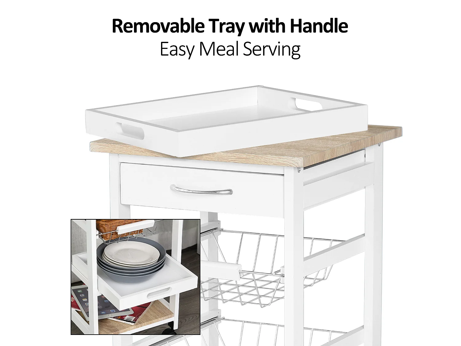 Dini Mobile Kitchen Trolley White and Natural Wood MDF and Pine Baskets Shelves Wheels
