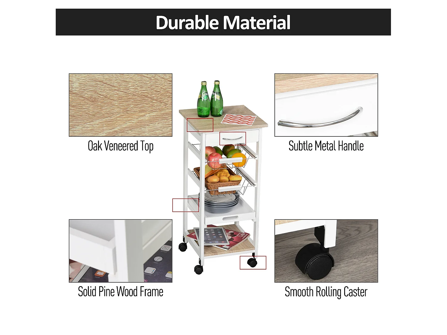 Dini Mobile Kitchen Trolley White and Natural Wood MDF and Pine Baskets Shelves Wheels