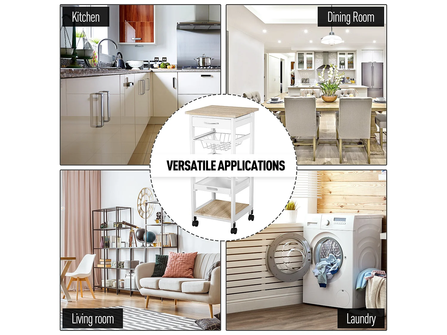 Dini Mobile Kitchen Trolley White and Natural Wood MDF and Pine Baskets Shelves Wheels