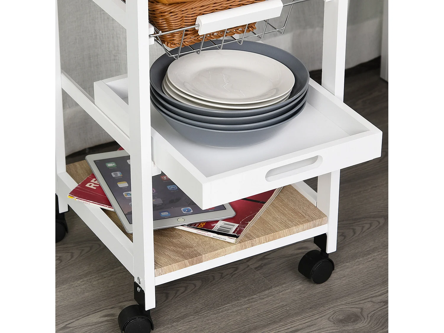 Dini Mobile Kitchen Trolley White and Natural Wood MDF and Pine Baskets Shelves Wheels