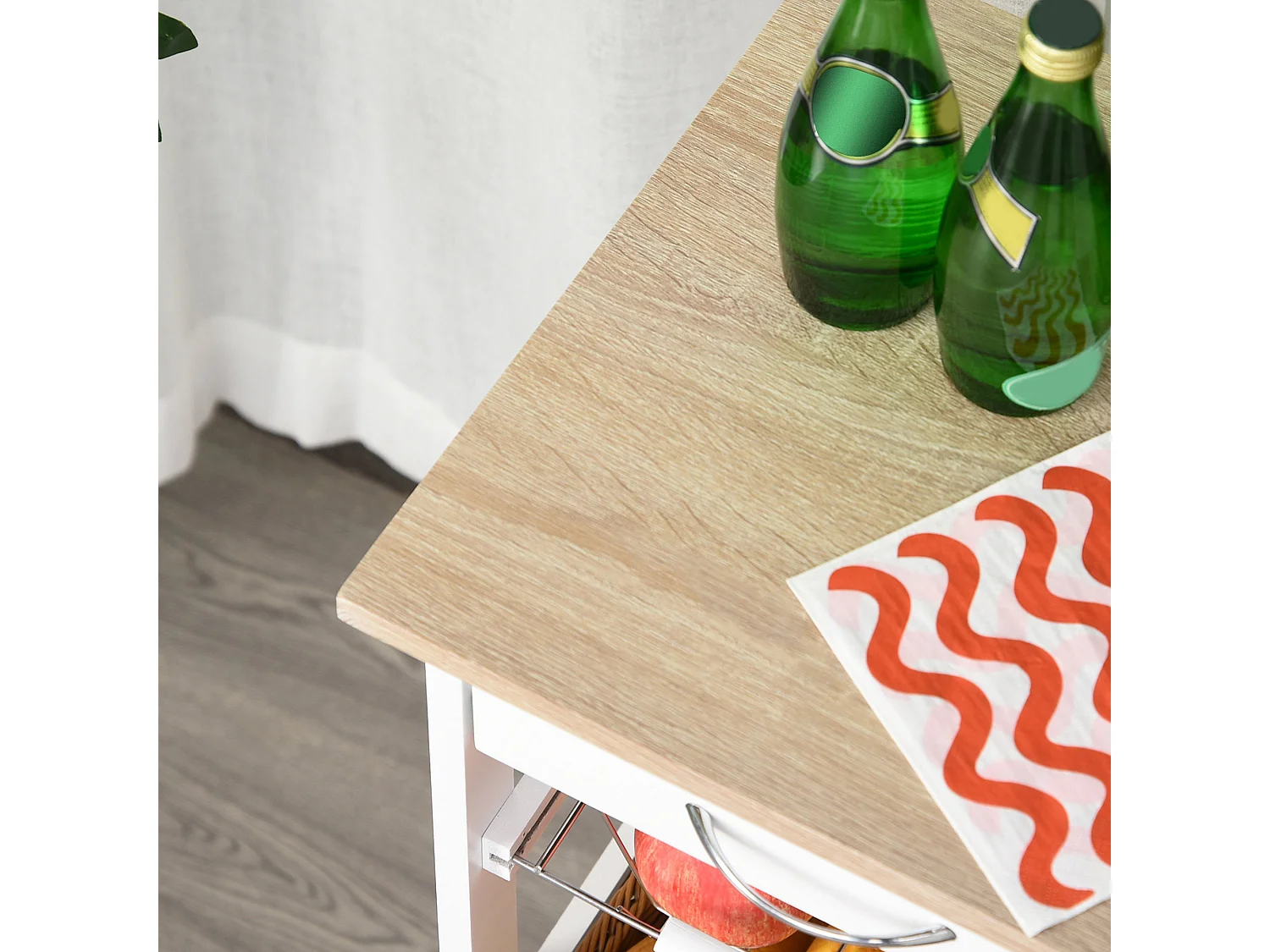 Dini Mobile Kitchen Trolley White and Natural Wood MDF and Pine Baskets Shelves Wheels
