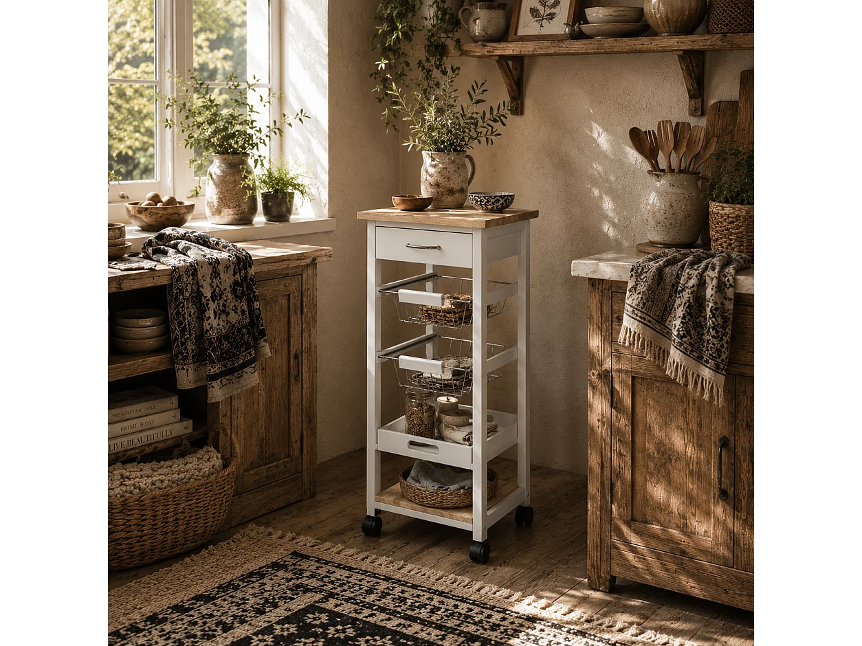 Dini Mobile Kitchen Trolley White and Natural Wood MDF and Pine Baskets Shelves Wheels
