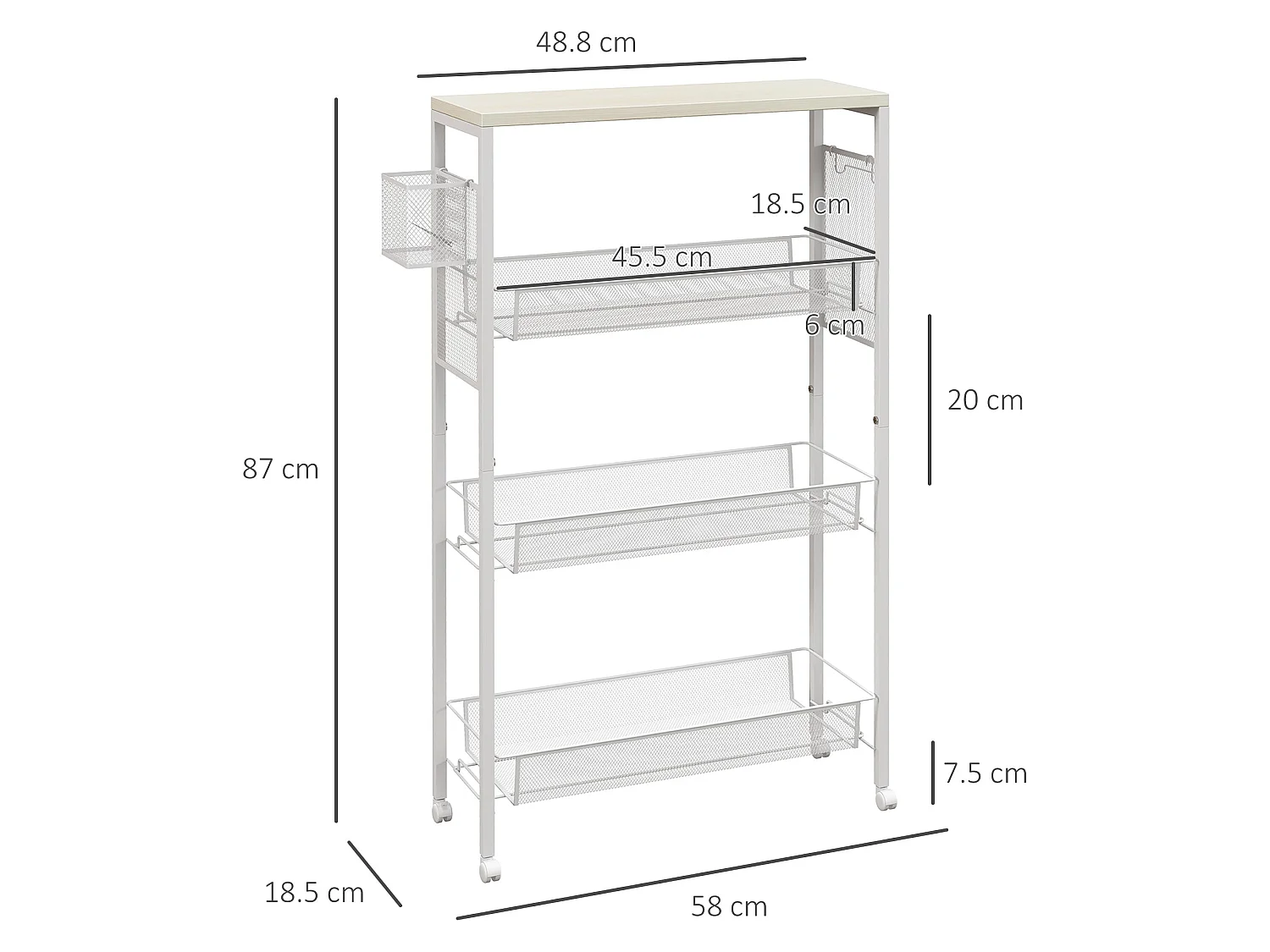 Else Lune 3 Tier Slim Kitchen Cart White Frame Maple Effect Top