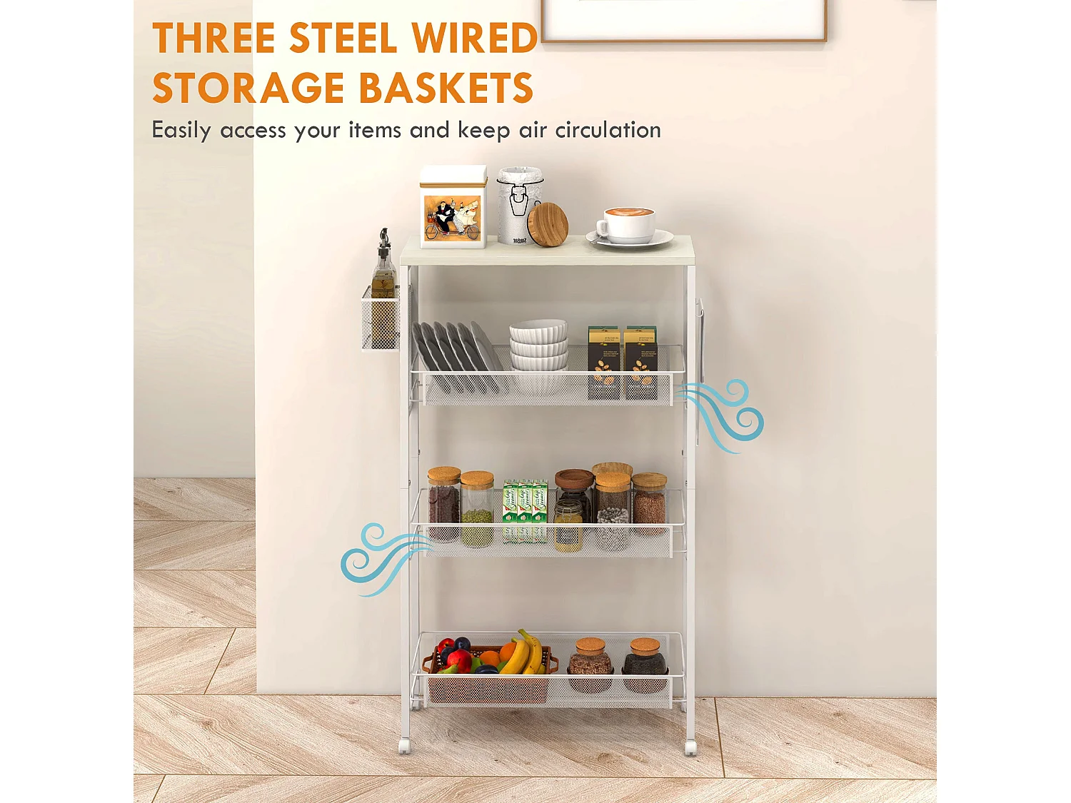 Else Lune 3 Tier Slim Kitchen Cart White Frame Maple Effect Top