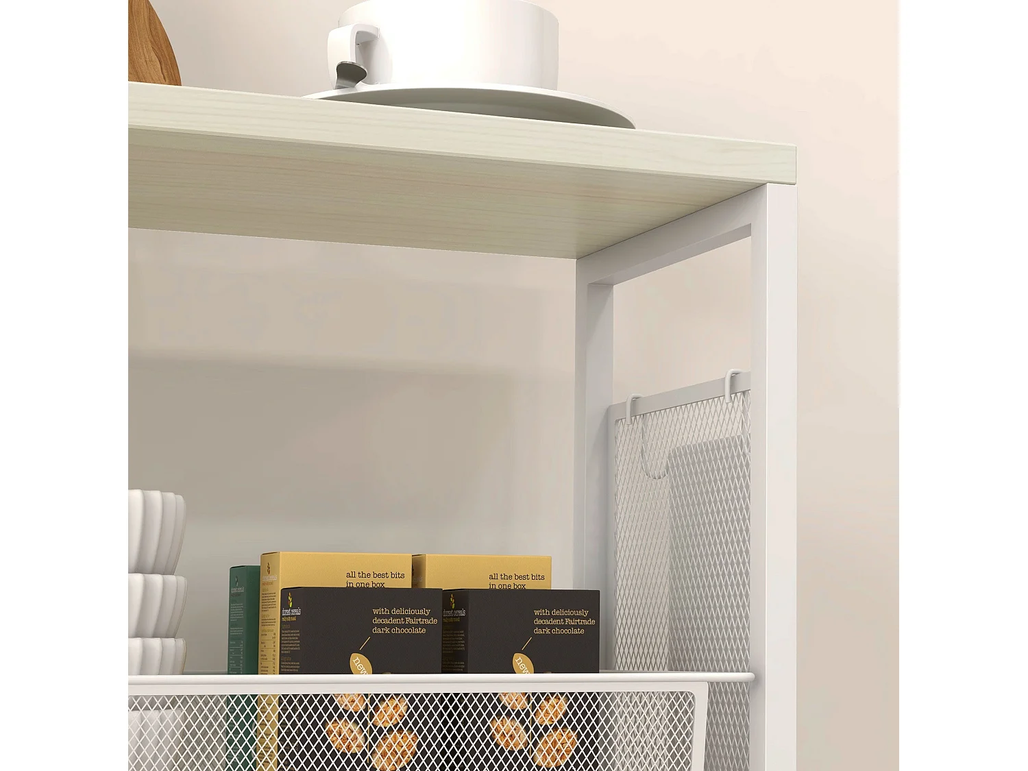Else Lune 3 Tier Slim Kitchen Cart White Frame Maple Effect Top