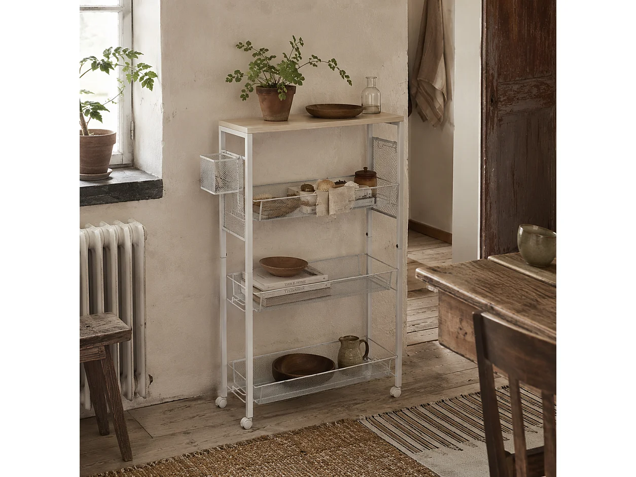 Else Lune 3 Tier Slim Kitchen Cart White Frame Maple Effect Top