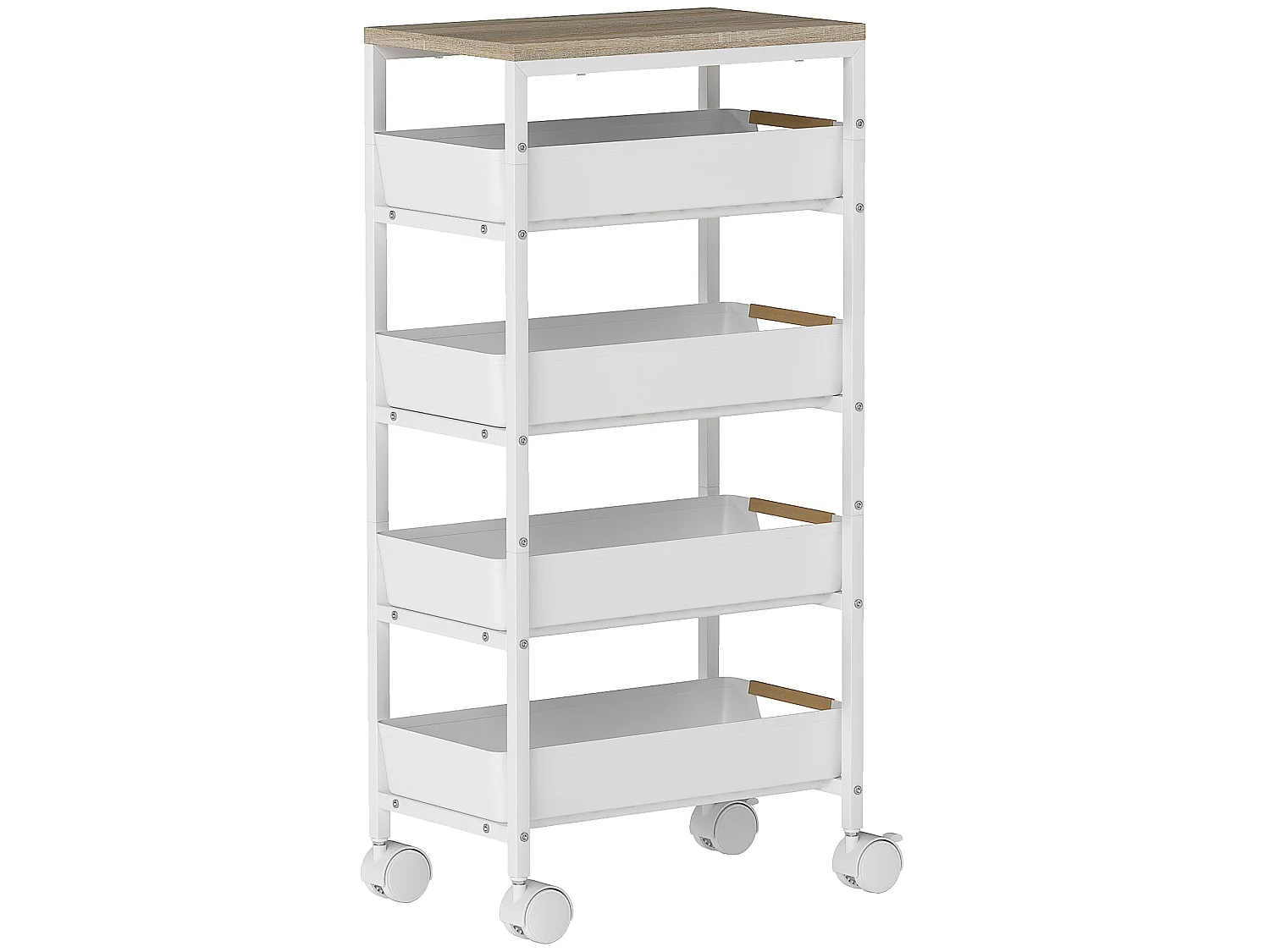 Slim 5 Tier White Metal Storage Trolley with Oak Effect Top and Wheels